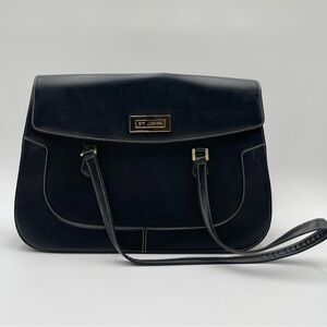Vtg St. John Black Leather Shoulder Bag Purse Minimalist Gold Hardware Italy